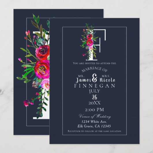 Invitation F Monogramme Dernière Initiale Moderne Fleurs Bleu (Devant / Derrière)