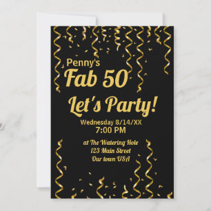 Invitation Fab 50 Rubans noir et or Anniversaire