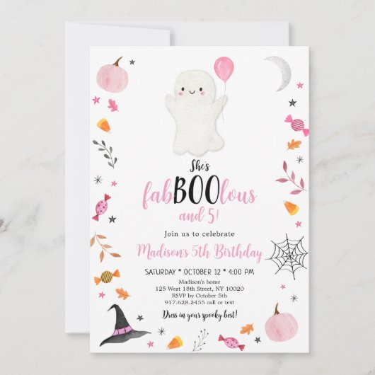 Invitation Fab-boo-lous de fantôme rose et cinq ans (Devant)