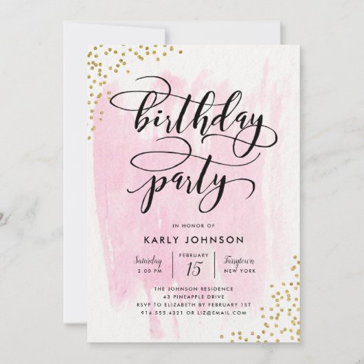 Invitation Fab Pink Watercolor Gold Confetti Anniversaire (Devant)