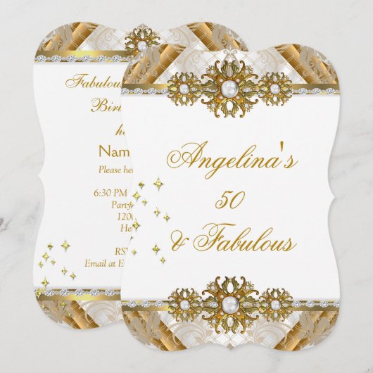 Invitation Fabrique Damask Gold White Anniversaire Party (Devant / Derrière)