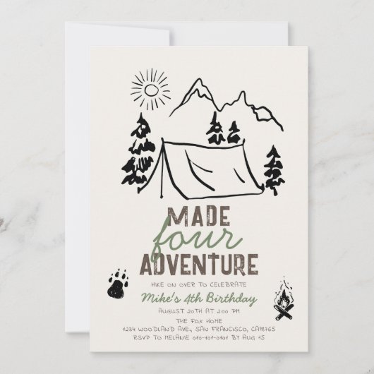 Invitation Fabriqué Four Adventure Camping Boy 4e anniversair (Devant)