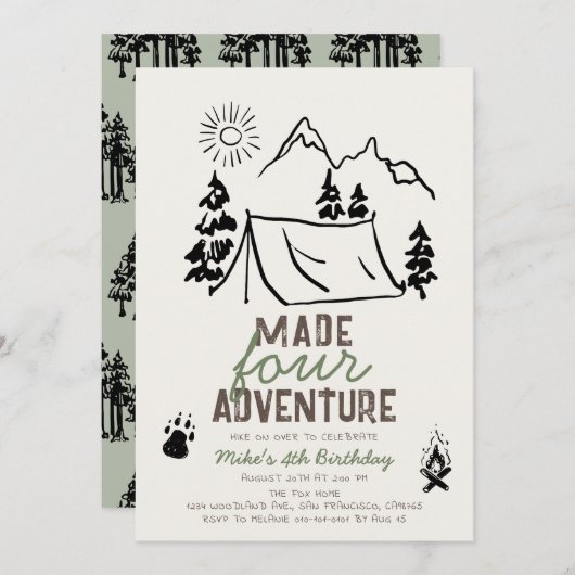 Invitation Fabriqué Four Adventure Camping Boy 4e anniversair (Devant / Derrière)