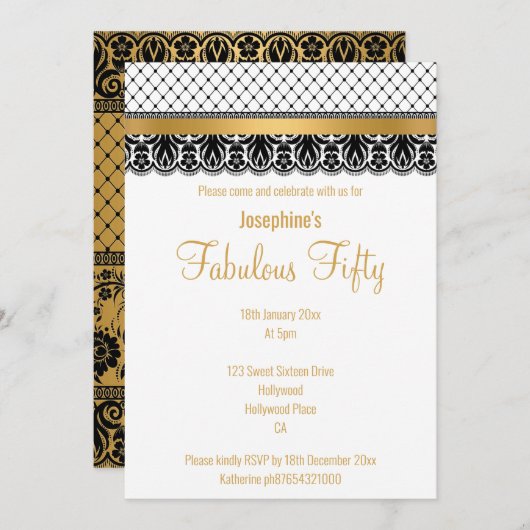 INVITATION FABULE PERSONNALISÉ ÉLÉGANT À 50 DENRÉES D'OR (Devant / Derrière)