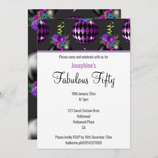 INVITATION FABULE PERSONNALISÉ ÉLÉGANT À 50 POURPLES DE BALLO (Devant / Derrière)