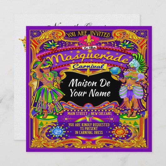 Invitation FABULEUSE Masquerade Mardi Gras Carnaval Invitatio (Devant / Derrière)