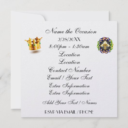 Invitation FABULEUSE Masquerade Mardi Gras Carnaval Invitatio (Dos)