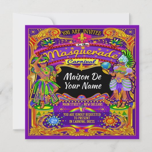 Invitation FABULEUSE Masquerade Mardi Gras Carnaval Invitatio (Devant)
