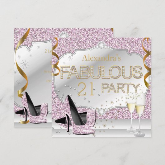 Invitation Fabuleux 21 Parties scintillant rose glamour fête  (Devant / Derrière)
