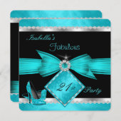 Invitation Fabuleux 21 Turquoise Black Silver fête d'annivers (Devant / Derrière)