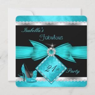 Invitation Fabuleux 21 Turquoise Black Silver fête d'annivers