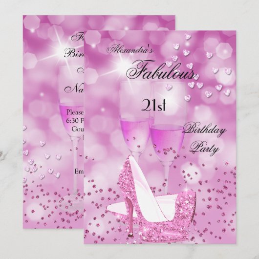 Invitation Fabuleux 21ème Fête Shimmer Rose talons hauts (Devant / Derrière)