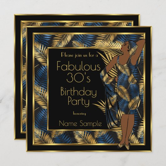 Invitation Fabuleux 30 Anniversaire Party Gold Blue Palms Lad (Devant / Derrière)