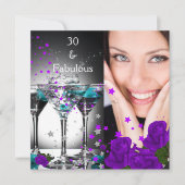 Invitation Fabuleux 30 Anniversaire Turquoise violet Roses Ph (Devant)