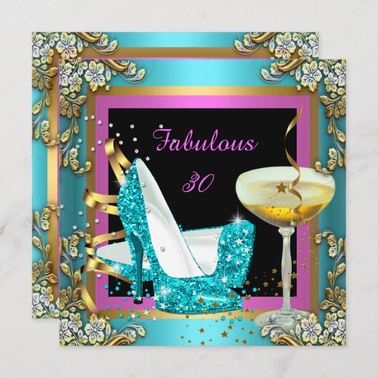 Invitation Fabuleux 30 Champagne d'or Turquoise rose Annivers (Devant / Derrière)
