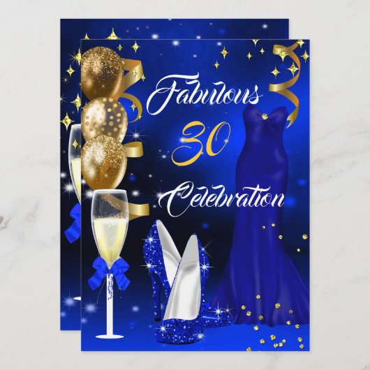 Invitation Fabuleux 30 Champagne Party Royal Blue Heels Gold (Devant / Derrière)