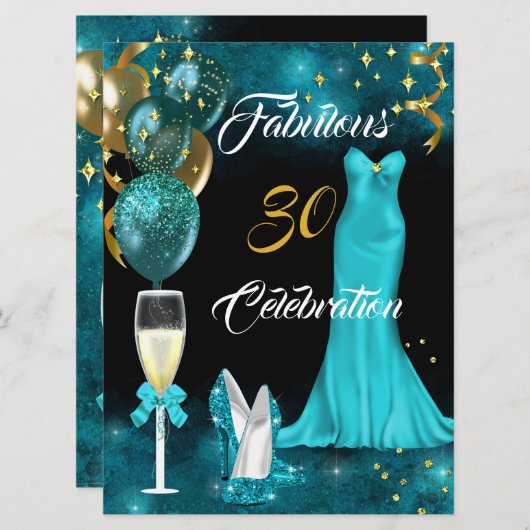 Invitation Fabuleux 30 Champagne Party Turquoise Blue Heels G (Devant / Derrière)