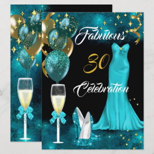 Invitation Fabuleux 30 Champagne Party Turquoise Blue Heels G