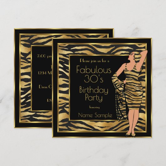 Invitation Fabuleux 30's Anniversaire Party Gold Deco Lady 2 (Devant / Derrière)