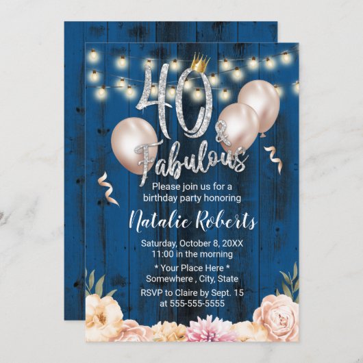 Invitation Fabuleux 40 Elégant Marine Floral Queen Anniversai (Devant / Derrière)