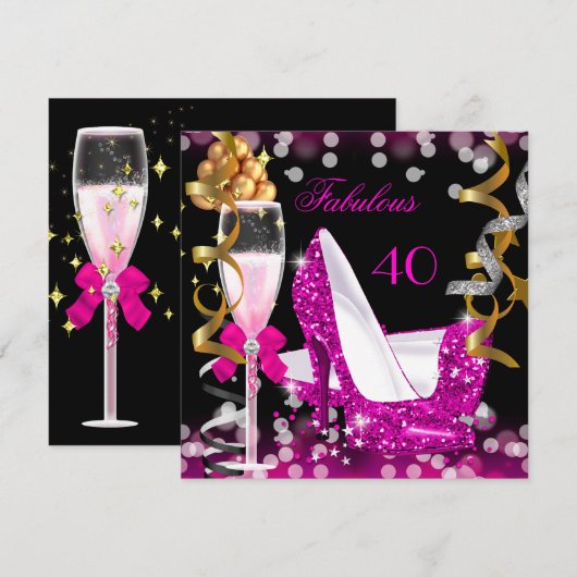 Invitation Fabuleux 40 Hot Pink Gold Bubbles Parties scintill (Devant / Derrière)