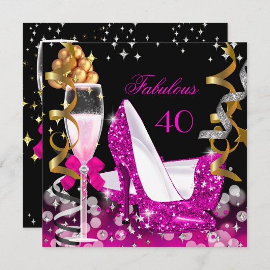 Invitation Fabuleux 40 Hot Pink Gold Bubbles Parties scintill (Devant / Derrière)