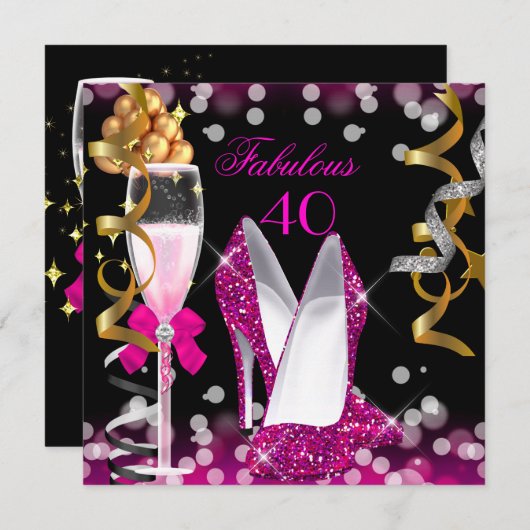 Invitation Fabuleux 40 Hot Rose Gold Black Bubbles Party (Devant / Derrière)
