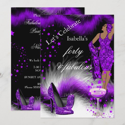 Invitation Fabuleux 40 Lady Purple Champagne Anniversaire (Devant / Derrière)