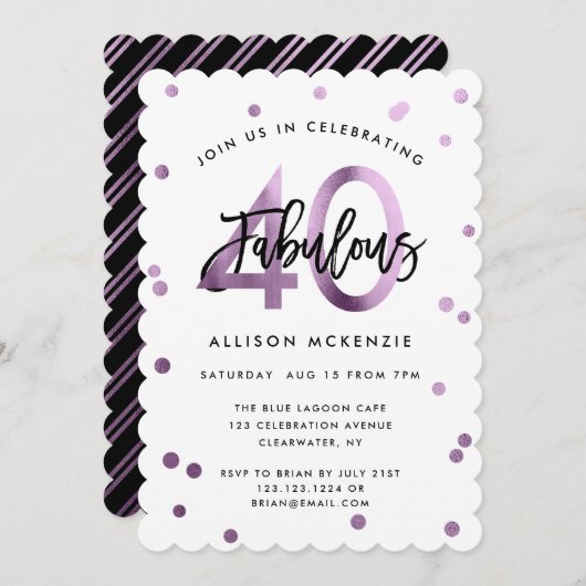 Invitation Fabuleux 40 | Lilac moderne violet brossé Annivers (Devant / Derrière)