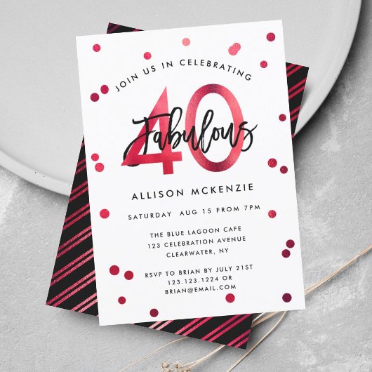 Invitation Fabuleux 40 | Moderne Elégant Rouge Brossé Anniver