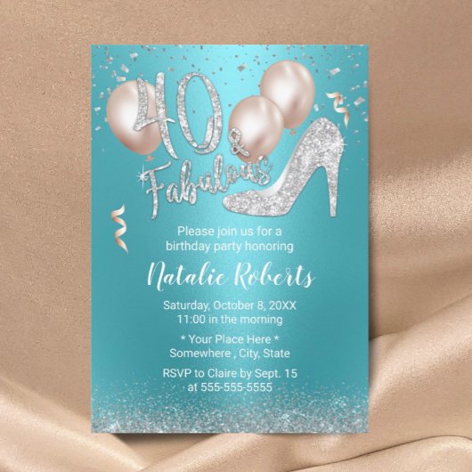 Invitation Fabuleux 40 Moderne Turquoise Argent 40e anniversa