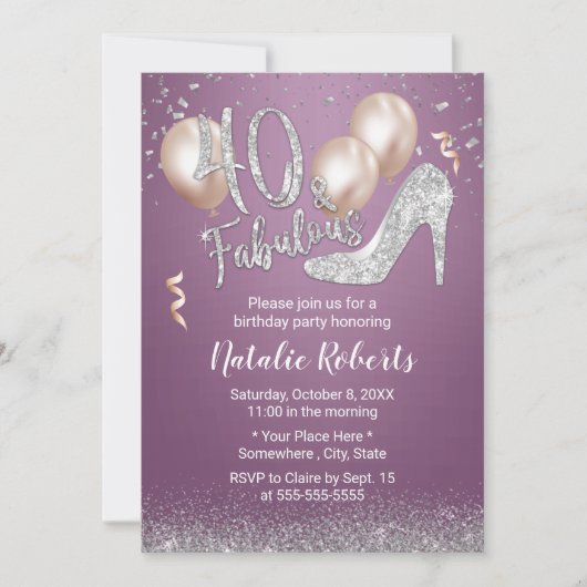 Invitation Fabuleux 40 moderne violet fille 40e anniversaire (Devant)