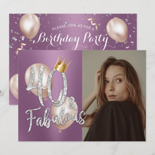 Invitation Fabuleux 40 moderne violet photo 40e anniversaire (Devant / Derrière)