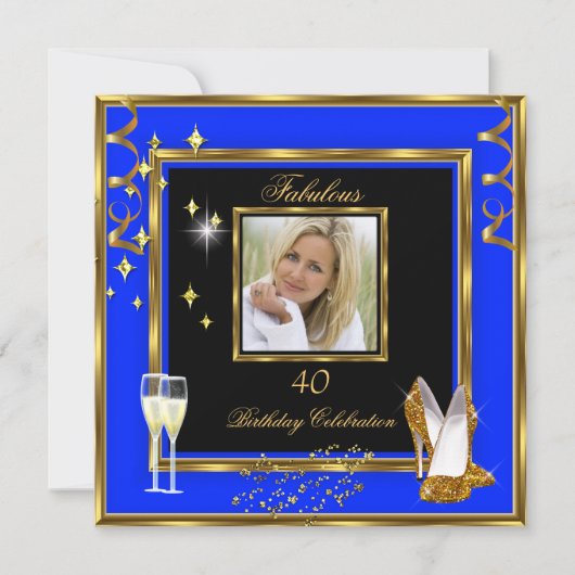 Invitation Fabuleux 40 Photo Blue Gold Champagne talons (Devant)