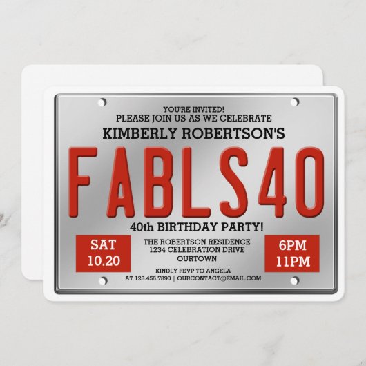 Invitation Fabuleux 40 Plaque de licence Anniversaire Invitat (Devant / Derrière)