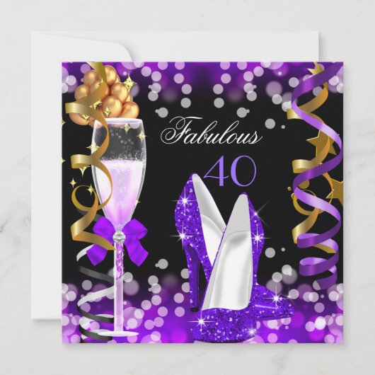 Invitation Fabuleux 40 Purple Black Gold Bubbles Party (Devant)