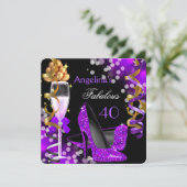 Invitation Fabuleux 40 Purple Heels Gold Bubbles Anniversaire (Debout devant)