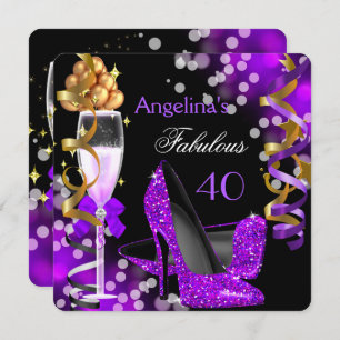 Invitation Fabuleux 40 Purple Heels Gold Bubbles Anniversaire