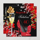 Invitation Fabuleux 40 Red Heels Gold Bubbles Anniversaire (Devant / Derrière)