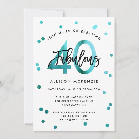 Invitation Fabuleux 40 | Script moderne Fille Turquoise Anniv (Devant)