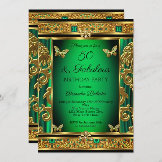Invitation Fabuleux 50 Anniversaire Emerald Green Butterfly G (Devant / Derrière)