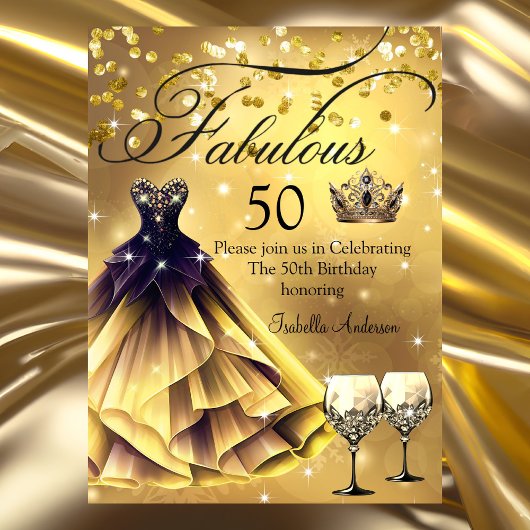 Invitation Fabuleux 50 Anniversaire Robe noire or Couronne re