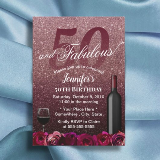 Invitation Fabuleux 50 Anniversaire Rose Gold & Bourgogne Flo