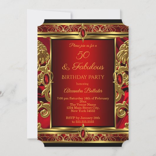 Invitation Fabuleux 50 Anniversaire Rouge Ruby Bijou Damask O (Devant)