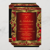 Invitation Fabuleux 50 Anniversaire Rouge Ruby Bijou Damask O (Devant / Derrière)