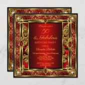 Invitation Fabuleux 50 Anniversaire Rouge Ruby Damask Or Diam (Devant / Derrière)