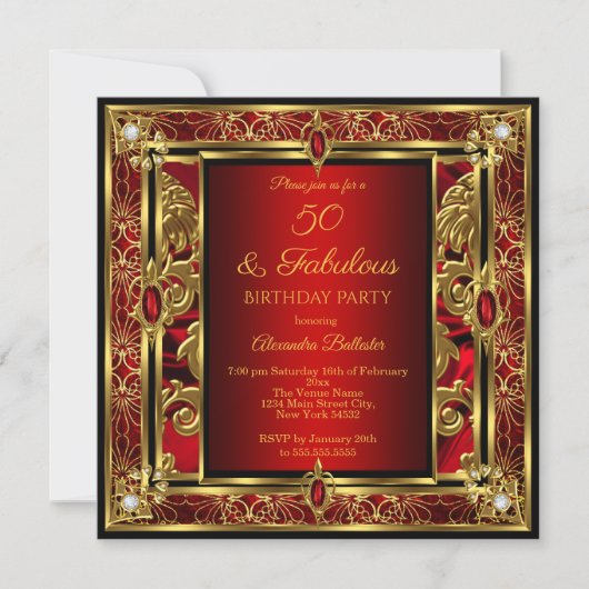 Invitation Fabuleux 50 Anniversaire Rouge Ruby Damask Or Diam (Devant)