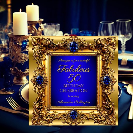 Invitation Fabuleux 50 Anniversaire Royal Blue Gold Gem