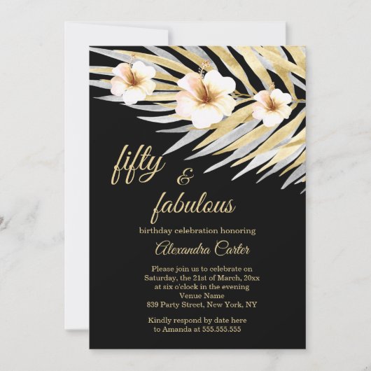 Invitation Fabuleux 50 Beige Blanc Noir Floral Anniversaire (Devant)