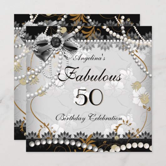 Invitation Fabuleux 50 Beige Or Black Grey Floral Anniversair (Devant / Derrière)